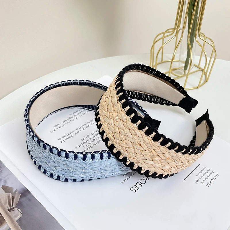 Boho Stroh Geflochtener Breiter Haarreif für Damen – Eleganter Rattan-Style Haarreif für Strand Urlaub Reisen & Sommermode