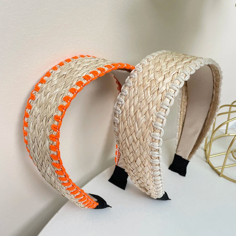 Boho Stroh Geflochtener Breiter Haarreif für Damen – Eleganter Rattan-Style Haarreif für Strand Urlaub Reisen & Sommermode