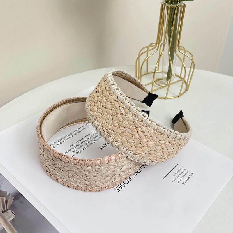 Boho Stroh Geflochtener Breiter Haarreif für Damen – Eleganter Rattan-Style Haarreif für Strand Urlaub Reisen & Sommermode