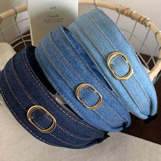 Modischer Blauer Stoff Haarreif für Damen – Breiter Vintage Haarreif mit Goldfarbener Schnalle für Alltag & Casual Styling