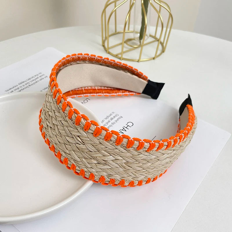 Boho Stroh Geflochtener Breiter Haarreif für Damen – Eleganter Rattan-Style Haarreif für Strand Urlaub Reisen & Sommermode
