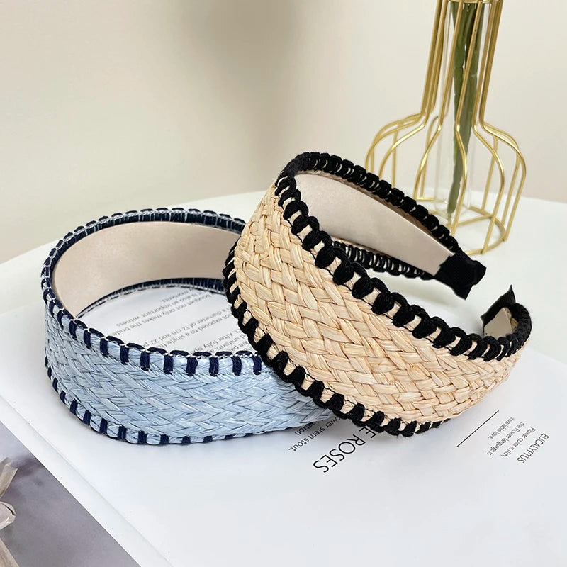 Boho Stroh Geflochtener Breiter Haarreif für Damen – Eleganter Rattan-Style Haarreif für Strand Urlaub Reisen & Sommermode