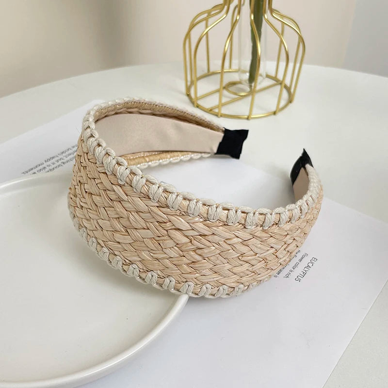 Boho Stroh Geflochtener Breiter Haarreif für Damen – Eleganter Rattan-Style Haarreif für Strand Urlaub Reisen & Sommermode