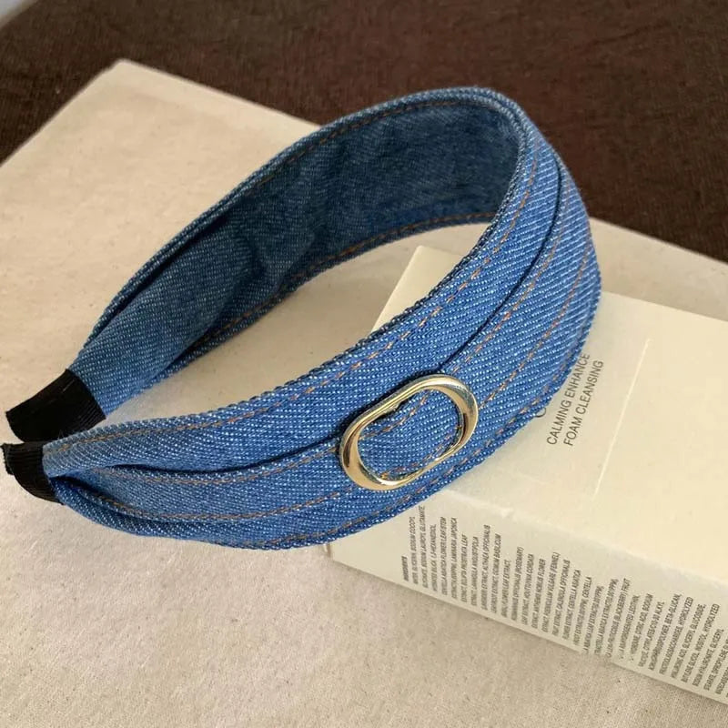 Modischer Blauer Stoff Haarreif für Damen – Breiter Vintage Haarreif mit Goldfarbener Schnalle für Alltag & Casual Styling