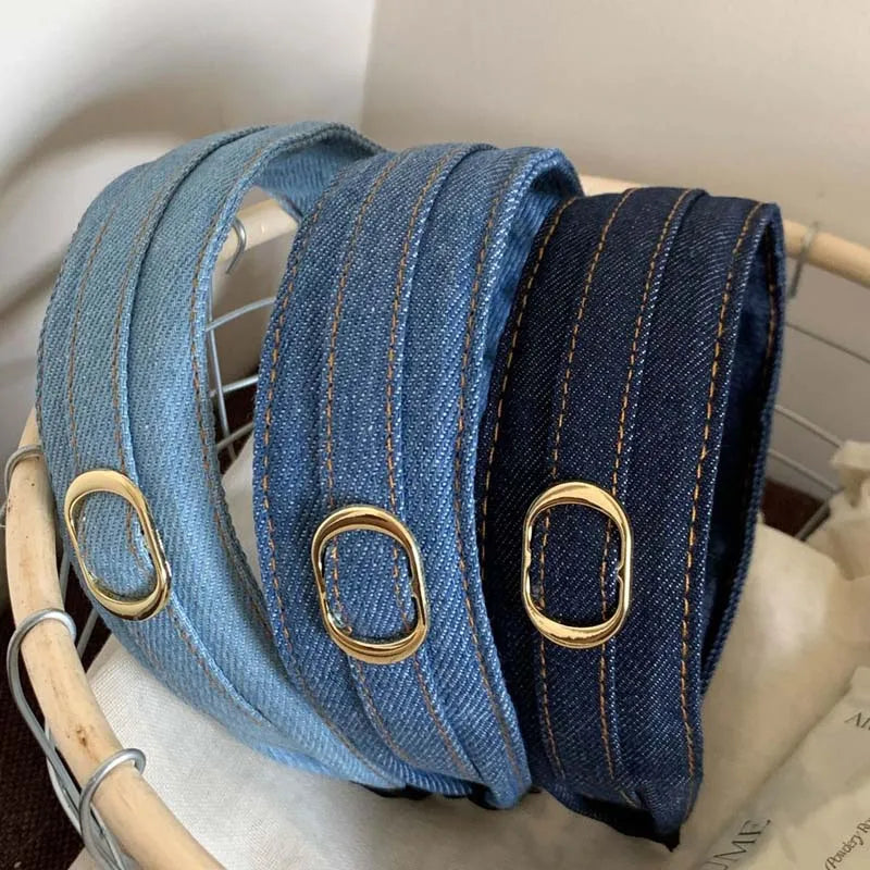 Modischer Blauer Stoff Haarreif für Damen – Breiter Vintage Haarreif mit Goldfarbener Schnalle für Alltag & Casual Styling