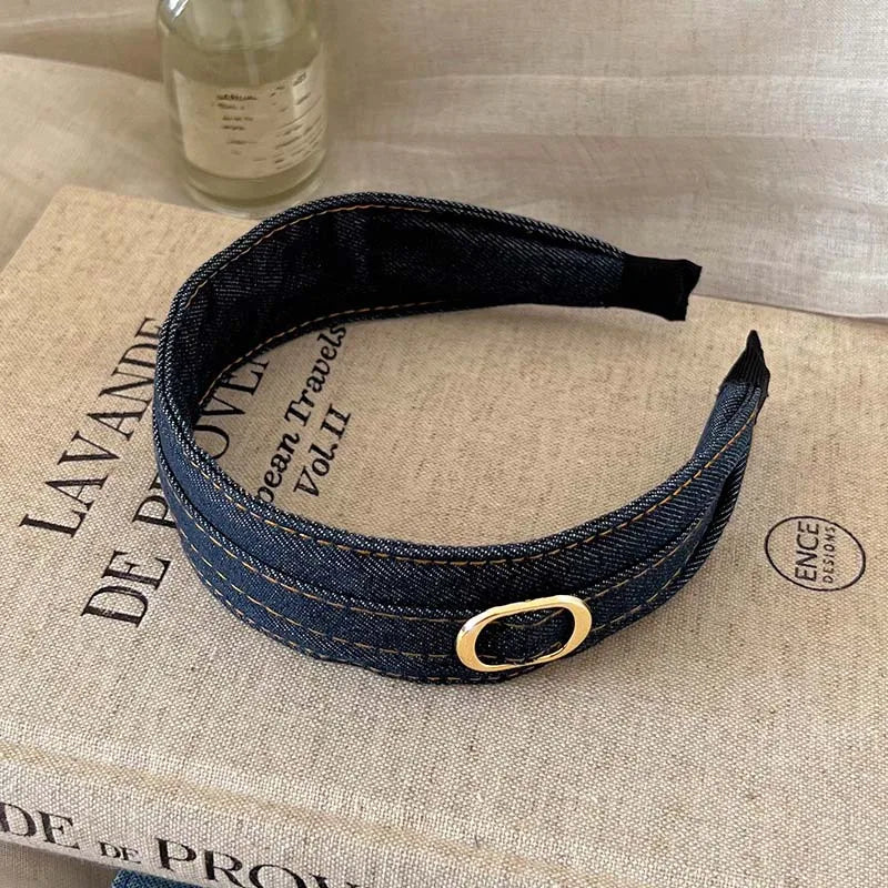 Modischer Blauer Stoff Haarreif für Damen – Breiter Vintage Haarreif mit Goldfarbener Schnalle für Alltag & Casual Styling