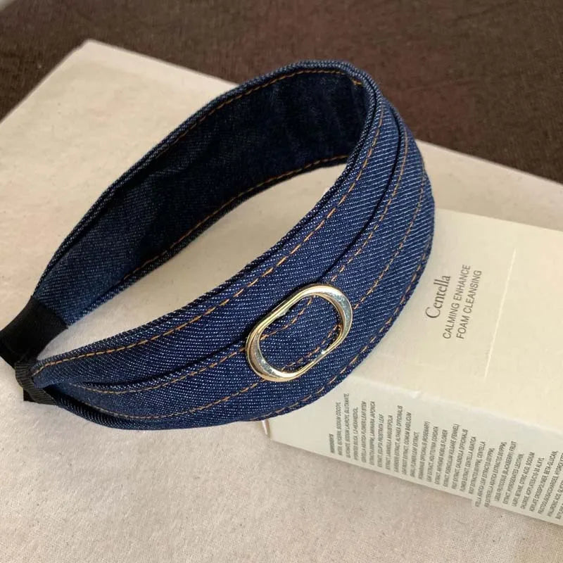 Modischer Blauer Stoff Haarreif für Damen – Breiter Vintage Haarreif mit Goldfarbener Schnalle für Alltag & Casual Styling