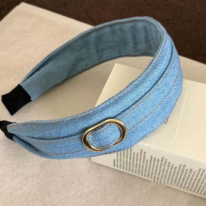 Modischer Blauer Stoff Haarreif für Damen – Breiter Vintage Haarreif mit Goldfarbener Schnalle für Alltag & Casual Styling